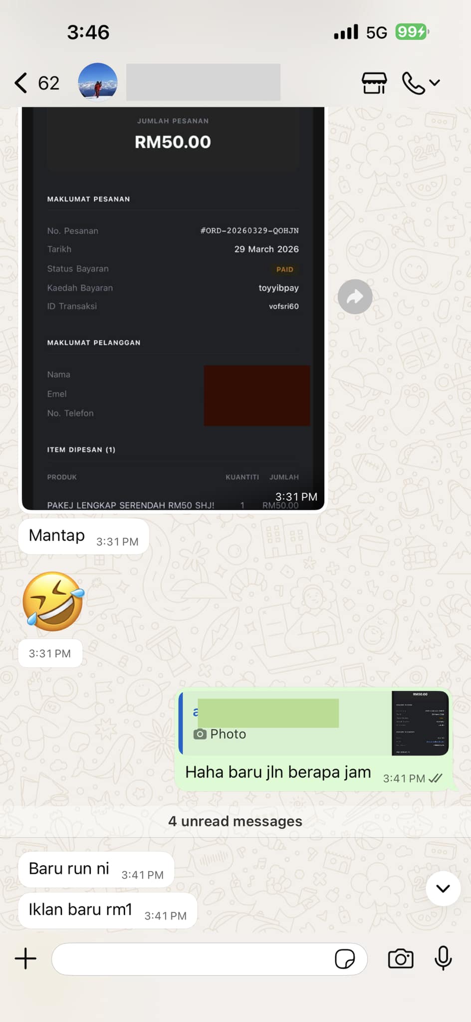 WhatsApp order beberapa jam