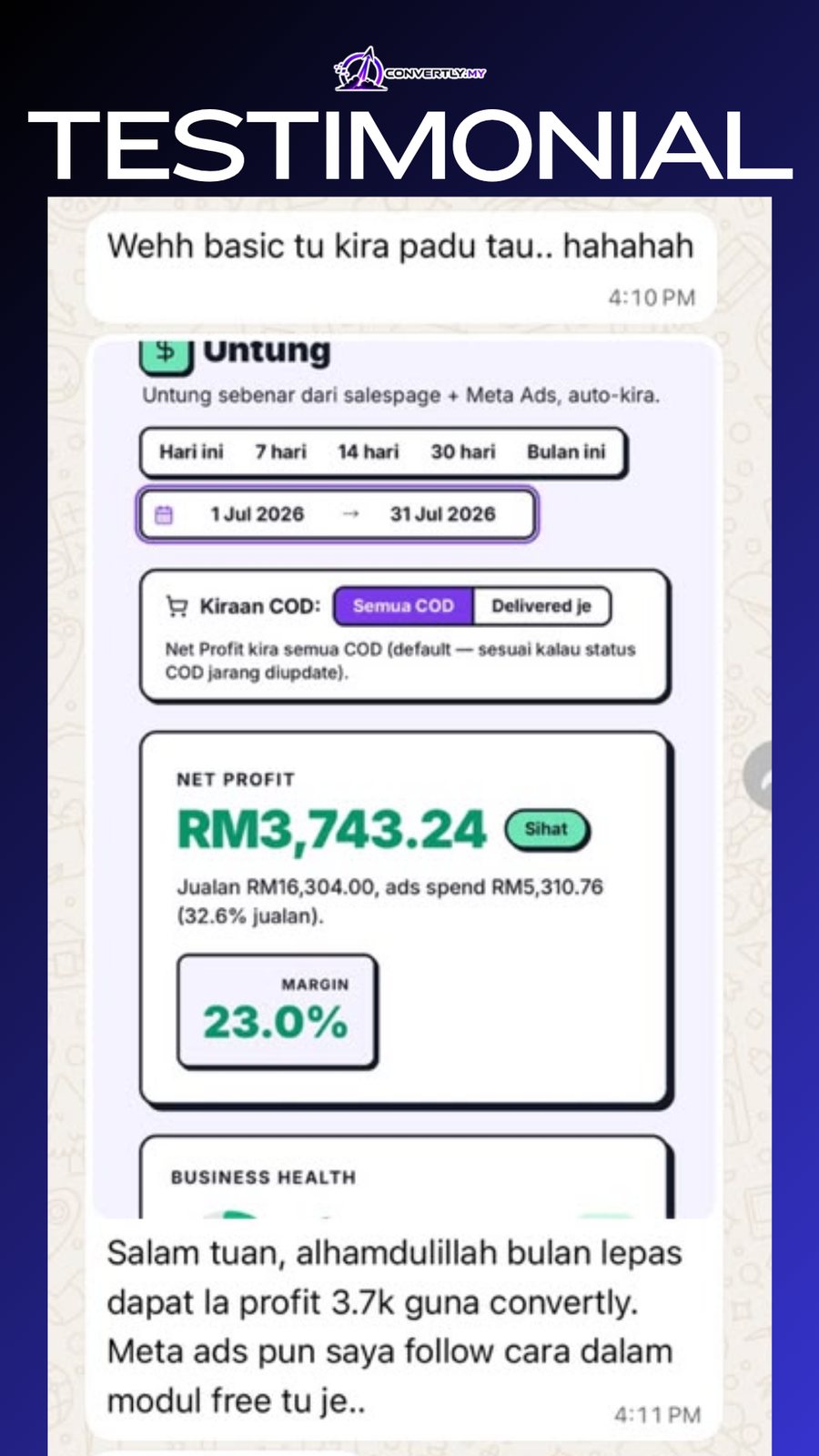 Testimoni WhatsApp: profit RM3,743.24 sebulan, Meta ads ikut cara dalam modul percuma Convertly