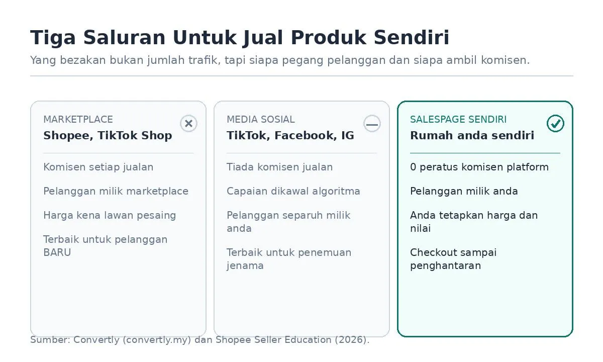 Perbandingan tiga saluran jual produk sendiri: marketplace, media sosial dan salespage sendiri
